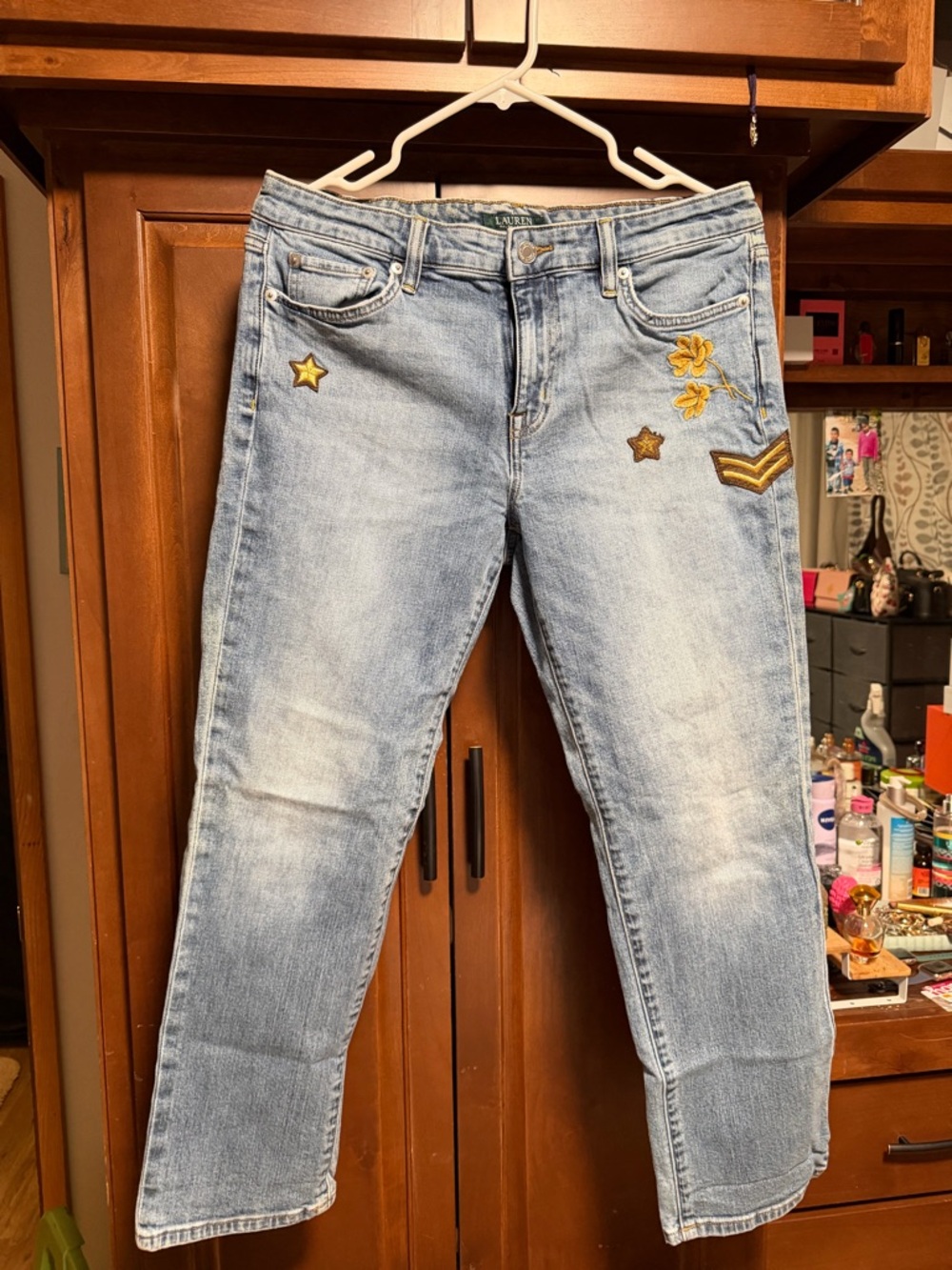 Ralph Lauren Light Blue Straight Leg Jeans with Gold Embroidered Patches